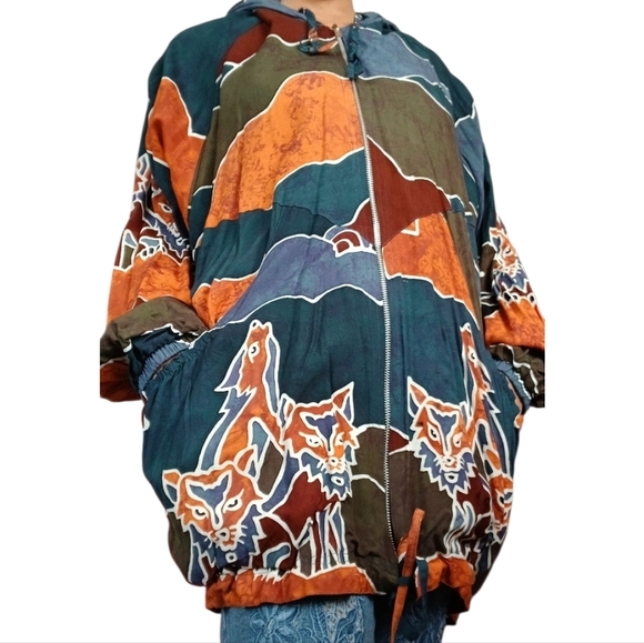 Vintage Boho Art Wolves Reversible Oversized Jacket M/L - Picture 3 of 5